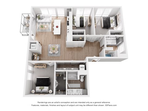 Floor plan for 3 beds, 2 baths, 1367 sqft